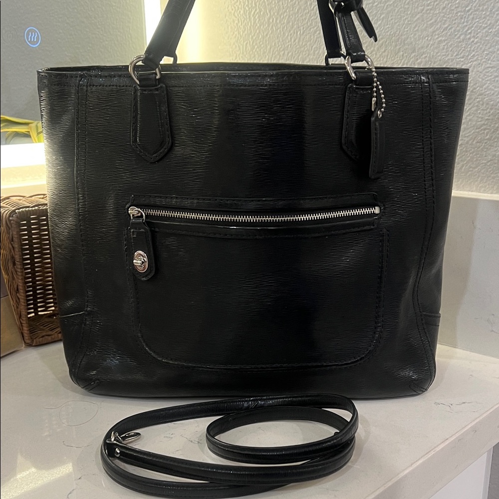 Coach Black Leather Tote with Front Zip Pocket and Detachable Strap